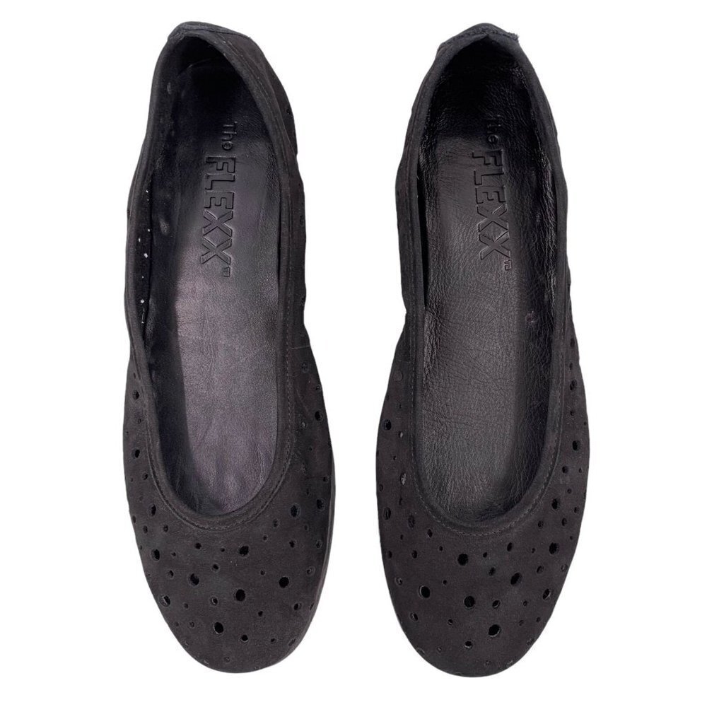 THE FLEXX Black Perforated Suede Wedge Heel Ballet Flats Size 8 M